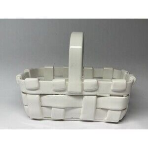 Italian White Woven Ceramic Basket Rectangular Handle Fruit Bowl Vintage